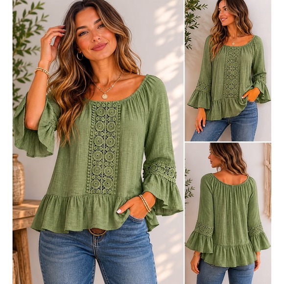 retrology Tops - Retrology Sage Green Crochet Lace Peasant Blouse Ruffle Bell Sleeve Boho Top